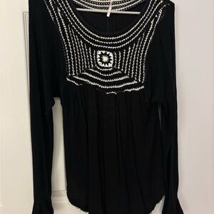 Free People Black Long Sleeve Top with White Embroidered Yoke